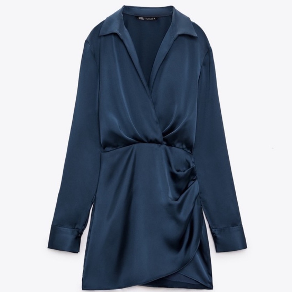 Zara Deep Blue Satin Wrap Dress Sz medium